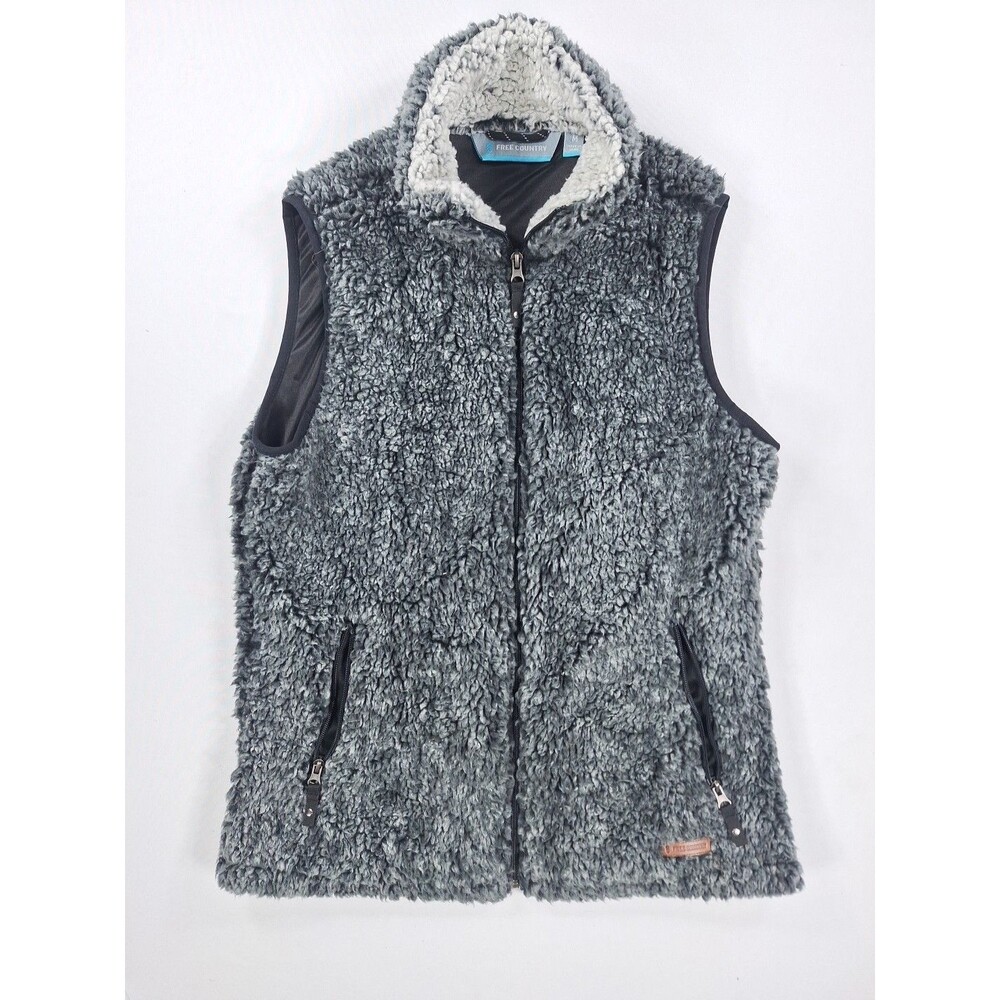 FREE COUNTRY Women's Grey High Pile Plush Fleece Vest Full Zip Pockets Size M